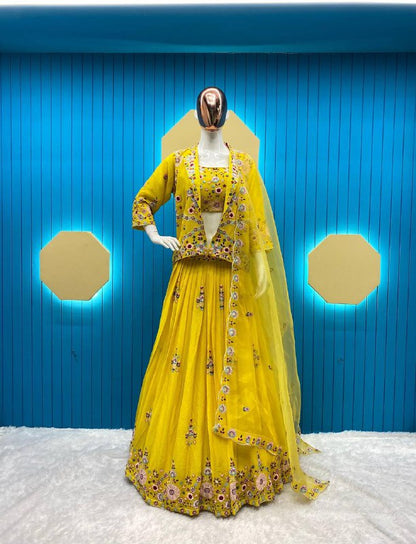 FANCY WESTERN STYLE CHINON MULTI THREADS SEQUENCE WORK BLAZER/KOTI, TUBE CHOLI WITH HEAVY FLAIR SARARA & DUPATTA