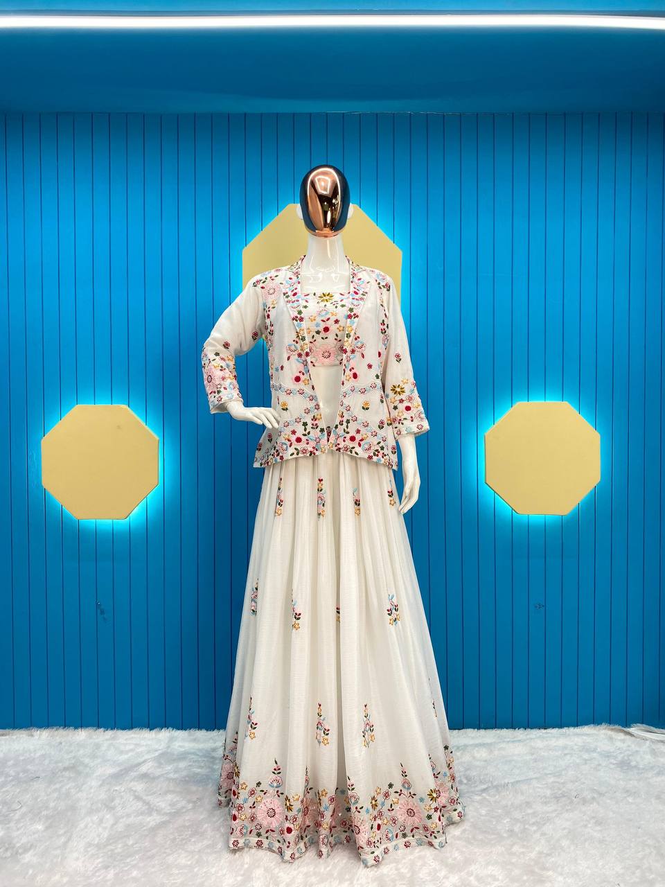 FANCY WESTERN STYLE CHINON MULTI THREADS SEQUENCE WORK BLAZER/KOTI, TUBE CHOLI WITH HEAVY FLAIR SARARA & DUPATTA