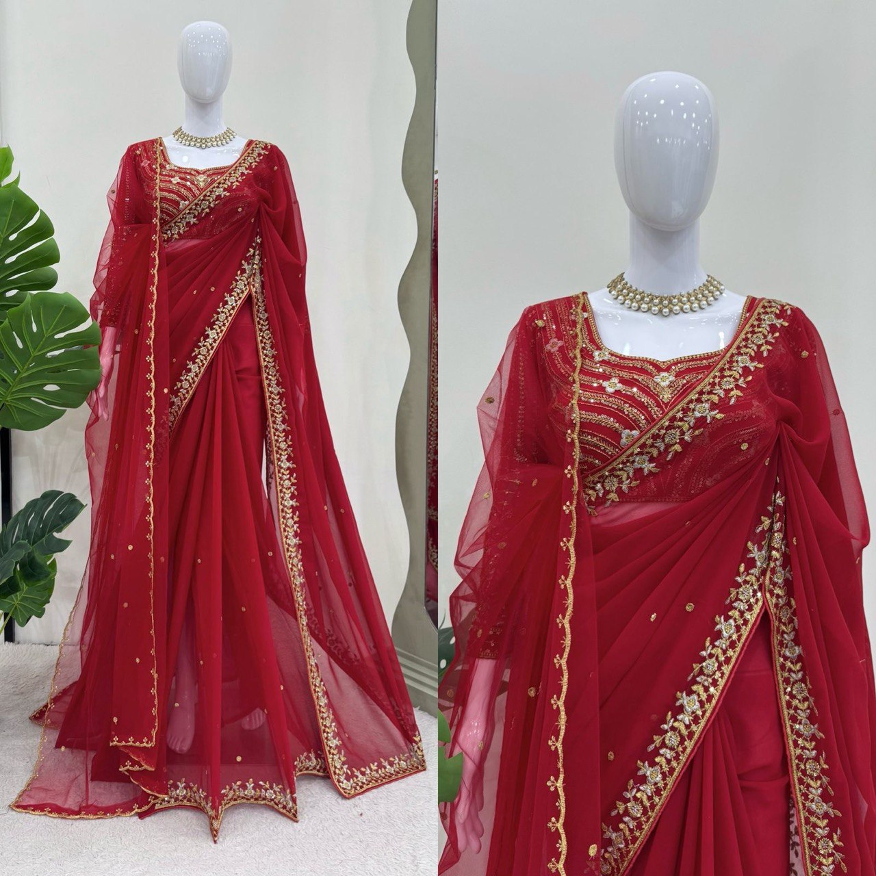 esigner Saree on Faux Georgette Febric with Thred & Sequnce wok and Blouse