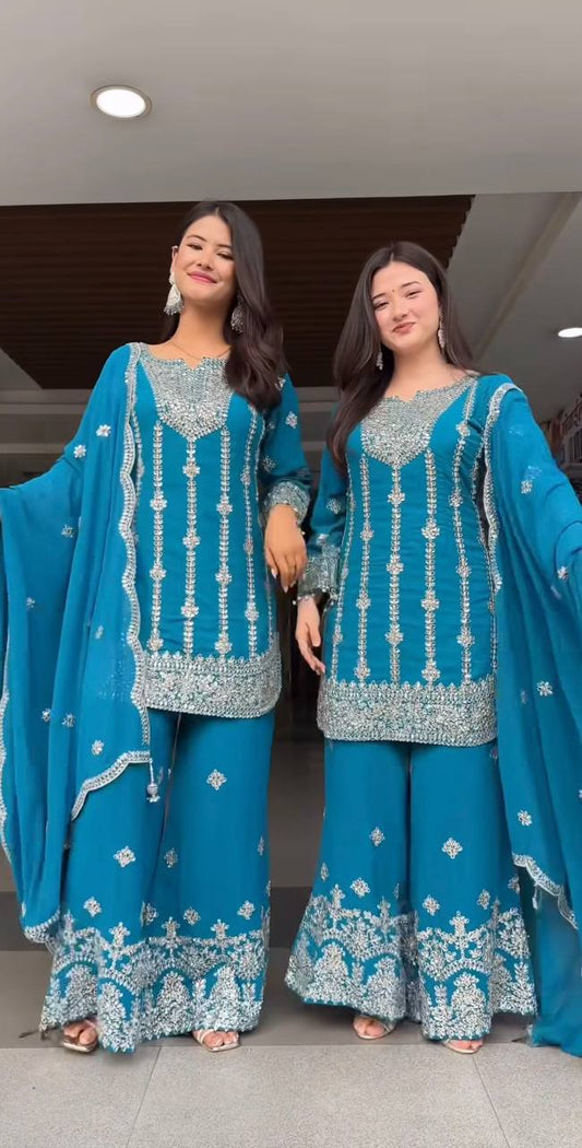 Heavy Chinnon Silk With *Heavy Embroidery Coding Sequence Work* With Full Embroidery Sleeve  single available wholesale