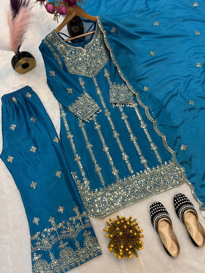 Heavy Chinnon Silk With *Heavy Embroidery Coding Sequence Work* With Full Embroidery Sleeve  single available wholesale