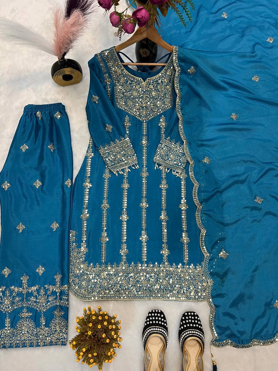 Heavy Chinnon Silk With *Heavy Embroidery Coding Sequence Work* With Full Embroidery Sleeve  single available wholesale
