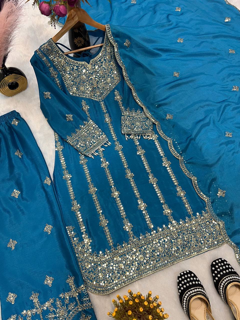 Heavy Chinnon Silk With *Heavy Embroidery Coding Sequence Work* With Full Embroidery Sleeve  single available wholesale