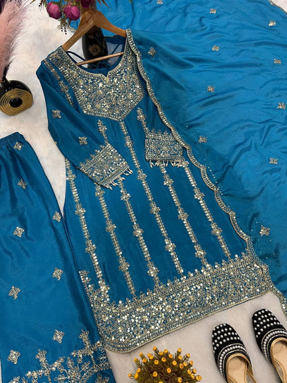 Heavy Chinnon Silk With *Heavy Embroidery Coding Sequence Work* With Full Embroidery Sleeve  single available wholesale