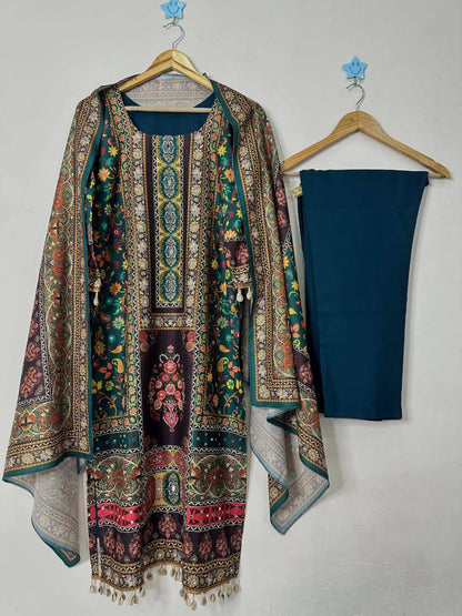 Pure Muslin Fabric With Original Mirror & Stone   Work Kurti Pant & Dupatta With Original Kodi Lace work With Lining