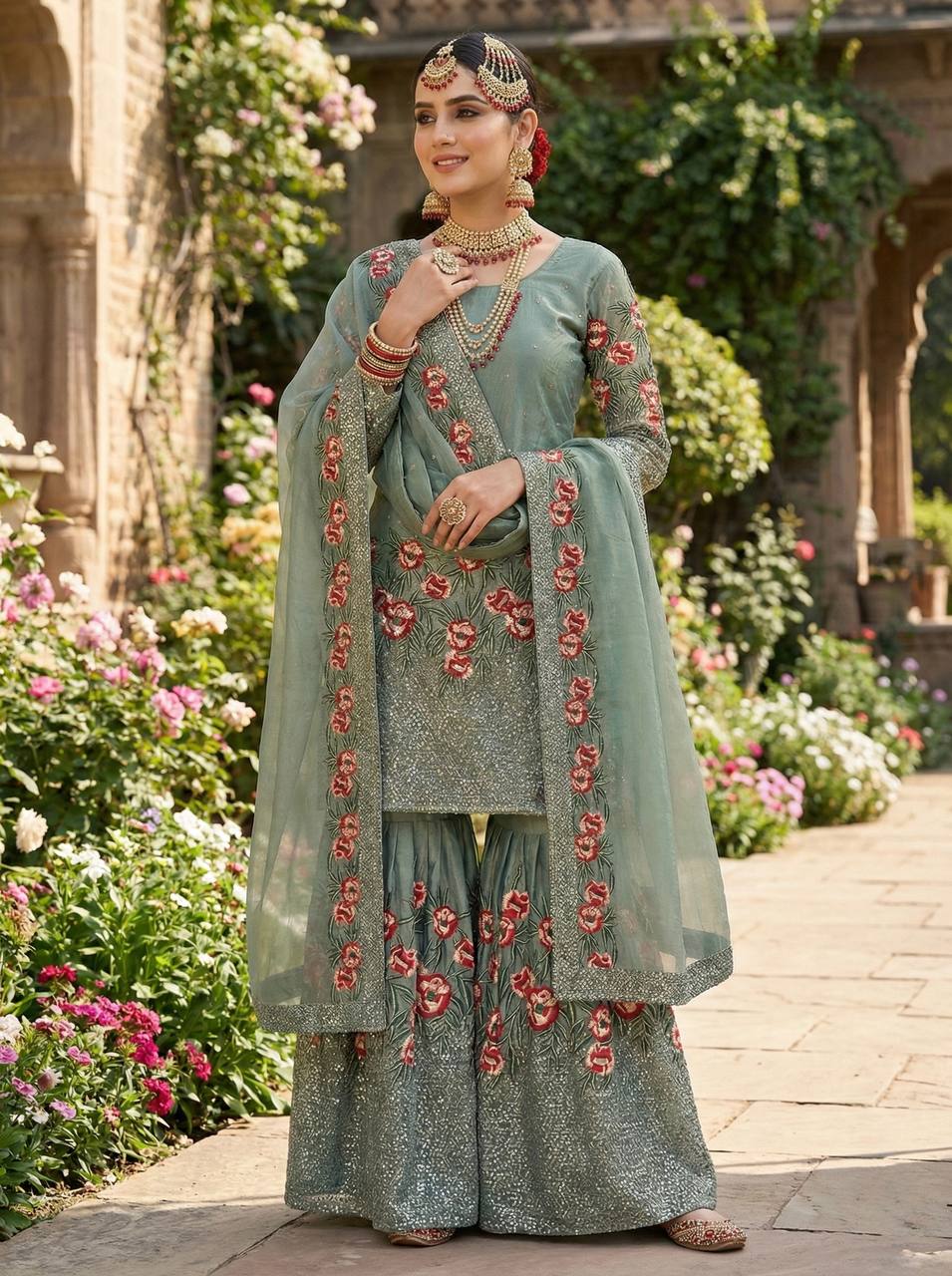 Eid 🌙 Collection In Pure Fendy Silk With Heavy Embroidery Sequence Work Top-Bottom And Dupatta Set Fully Stitched Ready To Wear