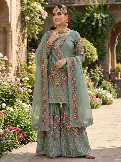 Eid 🌙 Collection In Pure Fendy Silk With Heavy Embroidery Sequence Work Top-Bottom And Dupatta Set Fully Stitched Ready To Wear