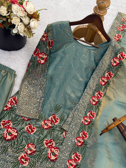 Eid 🌙 Collection In Pure Fendy Silk With Heavy Embroidery Sequence Work Top-Bottom And Dupatta Set Fully Stitched Ready To Wear