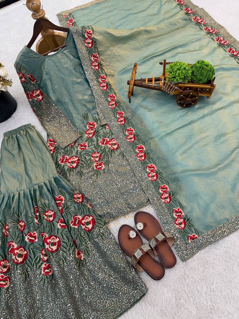 Eid 🌙 Collection In Pure Fendy Silk With Heavy Embroidery Sequence Work Top-Bottom And Dupatta Set Fully Stitched Ready To Wear