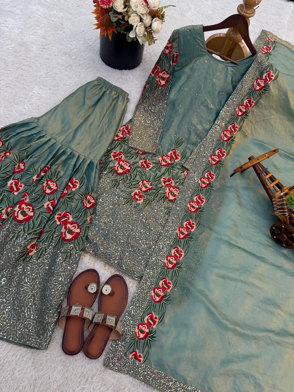 Eid 🌙 Collection In Pure Fendy Silk With Heavy Embroidery Sequence Work Top-Bottom And Dupatta Set Fully Stitched Ready To Wear