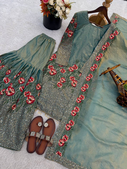 Eid 🌙 Collection In Pure Fendy Silk With Heavy Embroidery Sequence Work Top-Bottom And Dupatta Set Fully Stitched Ready To Wear