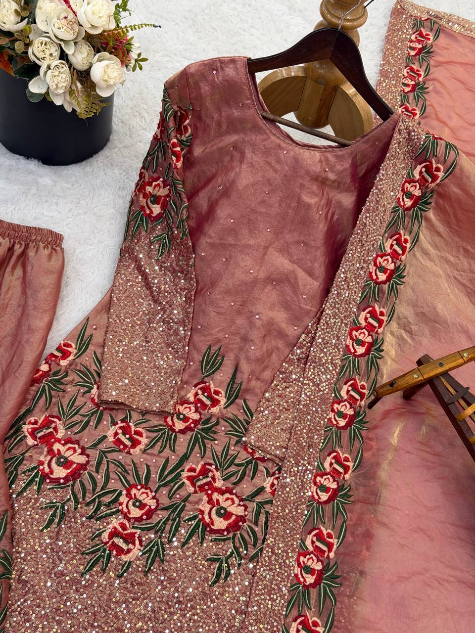 Eid 🌙 Collection In Pure Fendy Silk With Heavy Embroidery Sequence Work Top-Bottom And Dupatta Set Fully Stitched Ready To Wear