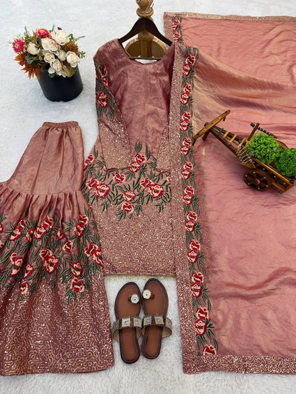 Eid 🌙 Collection In Pure Fendy Silk With Heavy Embroidery Sequence Work Top-Bottom And Dupatta Set Fully Stitched Ready To Wear