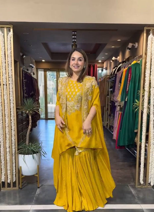 TRENDING CREAP SILK TOP SEQUANCE EMBROIDERY WORK AND SARARA WITH SHURG
