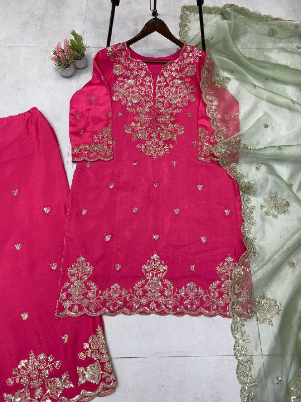 DESIGNER SEQUANCE EMBROIDERY WORKED KURTI, PLAZZO AND DUPATTA