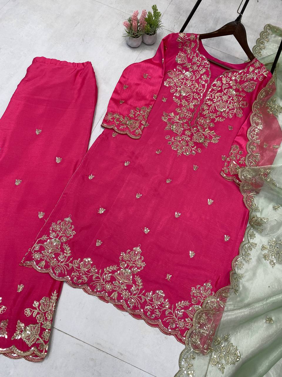 DESIGNER SEQUANCE EMBROIDERY WORKED KURTI, PLAZZO AND DUPATTA