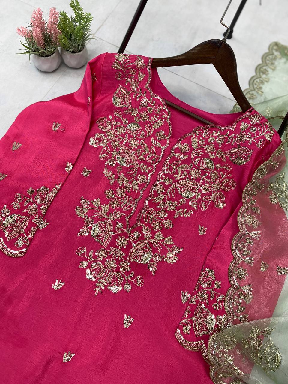DESIGNER SEQUANCE EMBROIDERY WORKED KURTI, PLAZZO AND DUPATTA