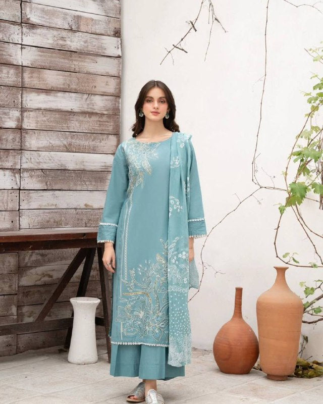 DESIGNER WEAR EXCLUSIVE SUIT IN SEQUENCE EMBROIDERED ROMAN SILK FABRIC TOP AND PANT WITH DUPATTA PAIR single available wholesale