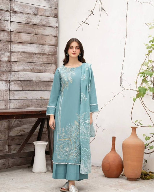 DESIGNER WEAR EXCLUSIVE SUIT IN SEQUENCE EMBROIDERED ROMAN SILK FABRIC TOP AND PANT WITH DUPATTA PAIR single available wholesale