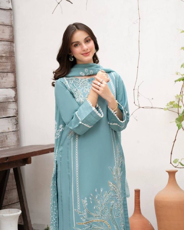 DESIGNER WEAR EXCLUSIVE SUIT IN SEQUENCE EMBROIDERED ROMAN SILK FABRIC TOP AND PANT WITH DUPATTA PAIR single available wholesale