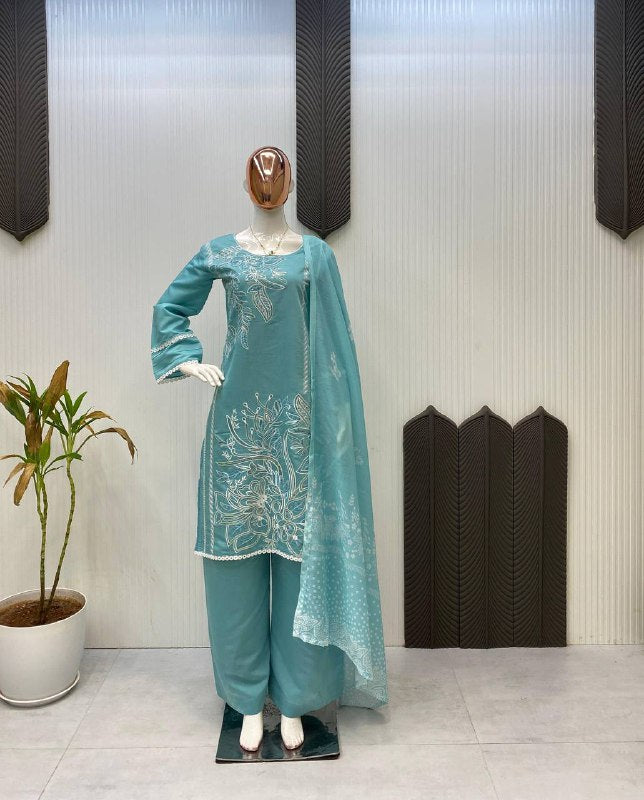 DESIGNER WEAR EXCLUSIVE SUIT IN SEQUENCE EMBROIDERED ROMAN SILK FABRIC TOP AND PANT WITH DUPATTA PAIR single available wholesale