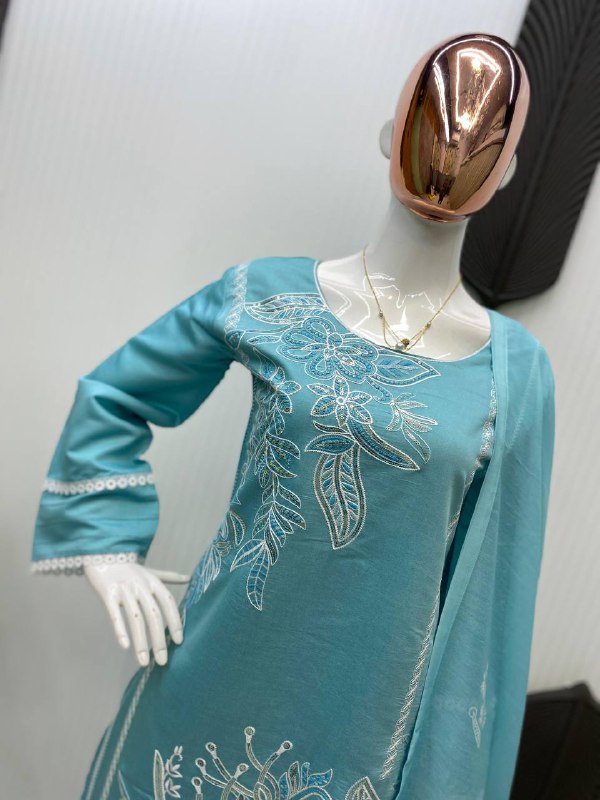 DESIGNER WEAR EXCLUSIVE SUIT IN SEQUENCE EMBROIDERED ROMAN SILK FABRIC TOP AND PANT WITH DUPATTA PAIR single available wholesale