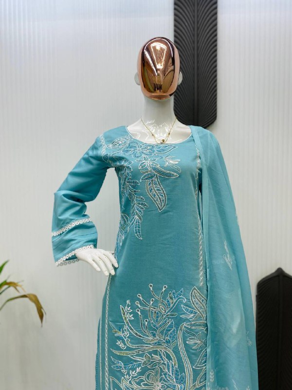 DESIGNER WEAR EXCLUSIVE SUIT IN SEQUENCE EMBROIDERED ROMAN SILK FABRIC TOP AND PANT WITH DUPATTA PAIR single available wholesale