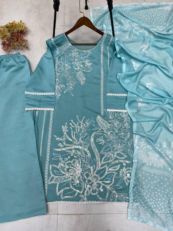 DESIGNER WEAR EXCLUSIVE SUIT IN SEQUENCE EMBROIDERED ROMAN SILK FABRIC TOP AND PANT WITH DUPATTA PAIR single available wholesale