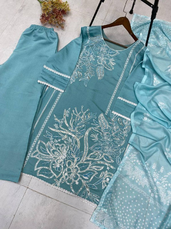 DESIGNER WEAR EXCLUSIVE SUIT IN SEQUENCE EMBROIDERED ROMAN SILK FABRIC TOP AND PANT WITH DUPATTA PAIR single available wholesale