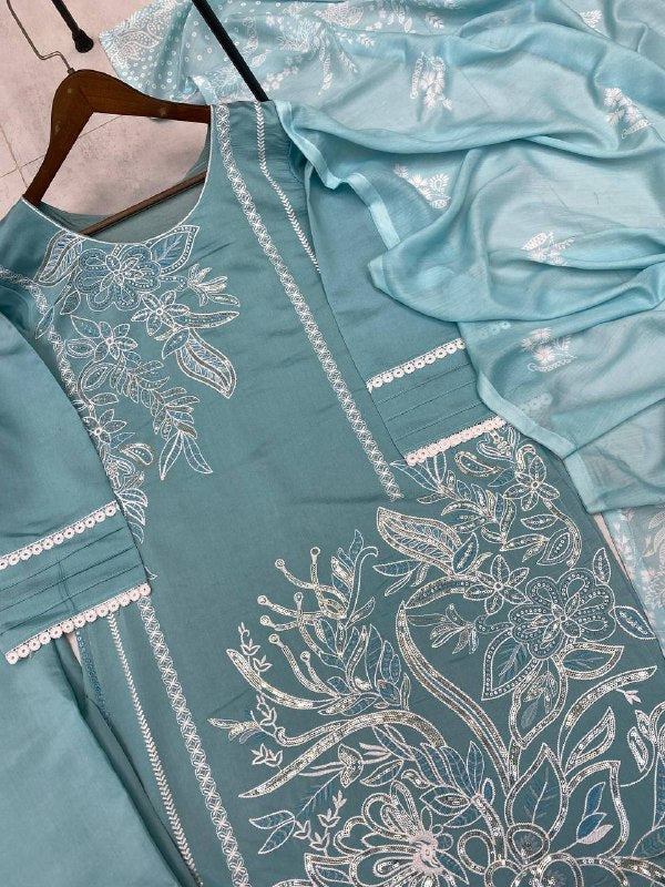 DESIGNER WEAR EXCLUSIVE SUIT IN SEQUENCE EMBROIDERED ROMAN SILK FABRIC TOP AND PANT WITH DUPATTA PAIR single available wholesale
