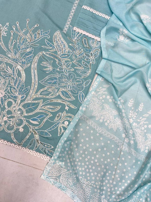 DESIGNER WEAR EXCLUSIVE SUIT IN SEQUENCE EMBROIDERED ROMAN SILK FABRIC TOP AND PANT WITH DUPATTA PAIR single available wholesale