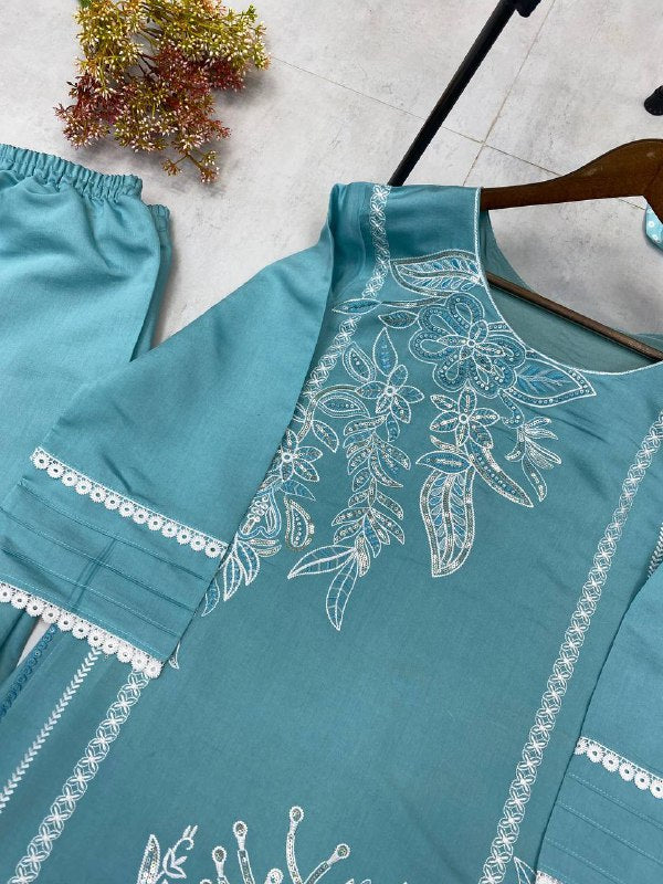 DESIGNER WEAR EXCLUSIVE SUIT IN SEQUENCE EMBROIDERED ROMAN SILK FABRIC TOP AND PANT WITH DUPATTA PAIR single available wholesale