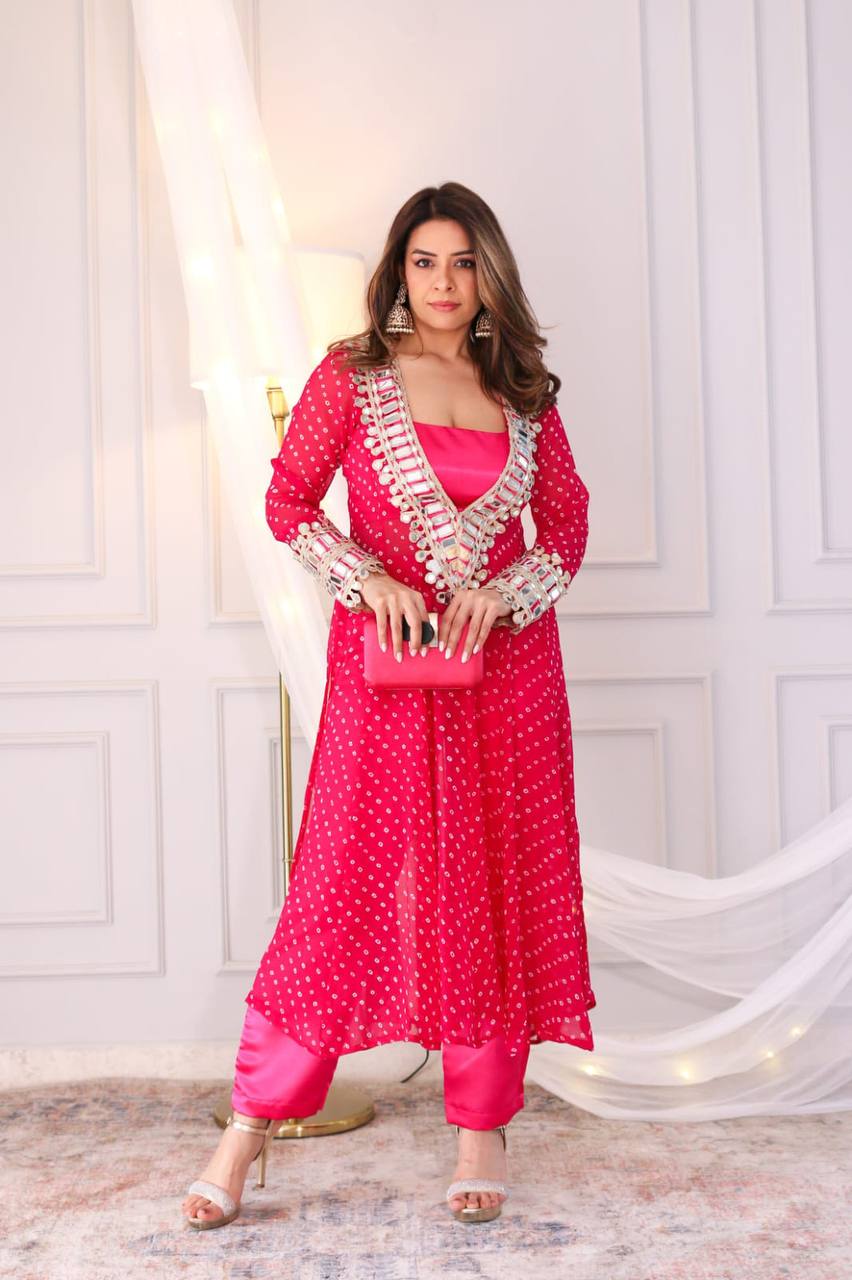 SUPERHIT TRENDING KURTI PENT & BLOUSE ON CHINON FABRIC WITH DIGITAL PRINT AND REAL MIRROR HAND WORK