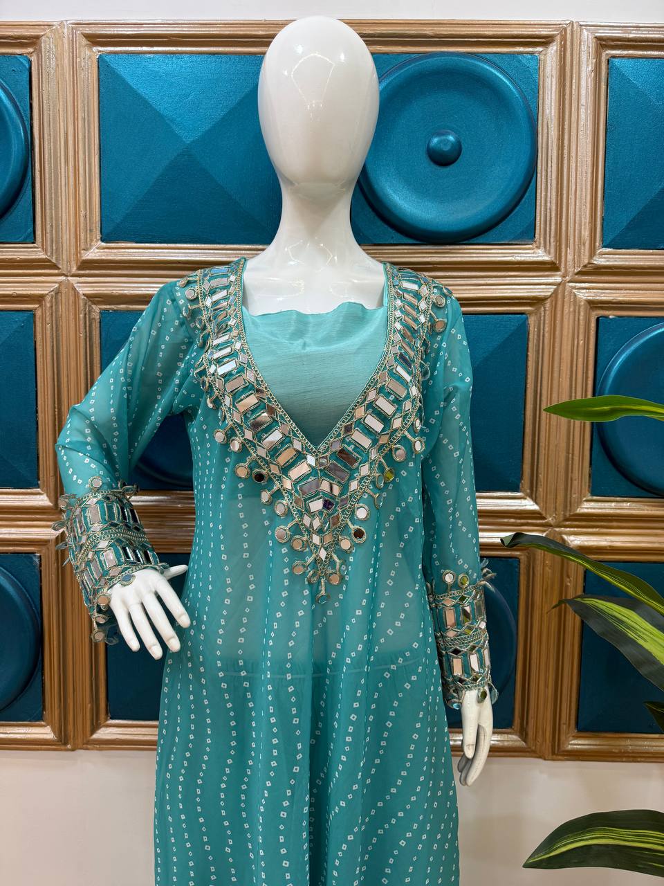 SUPERHIT TRENDING KURTI PENT & BLOUSE ON CHINON FABRIC WITH DIGITAL PRINT AND REAL MIRROR HAND WORK