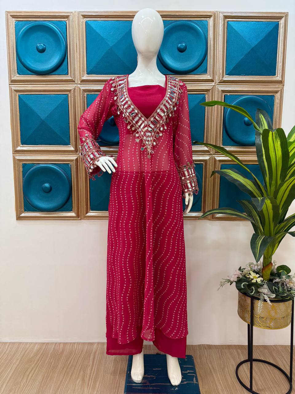 SUPERHIT TRENDING KURTI PENT & BLOUSE ON CHINON FABRIC WITH DIGITAL PRINT AND REAL MIRROR HAND WORK