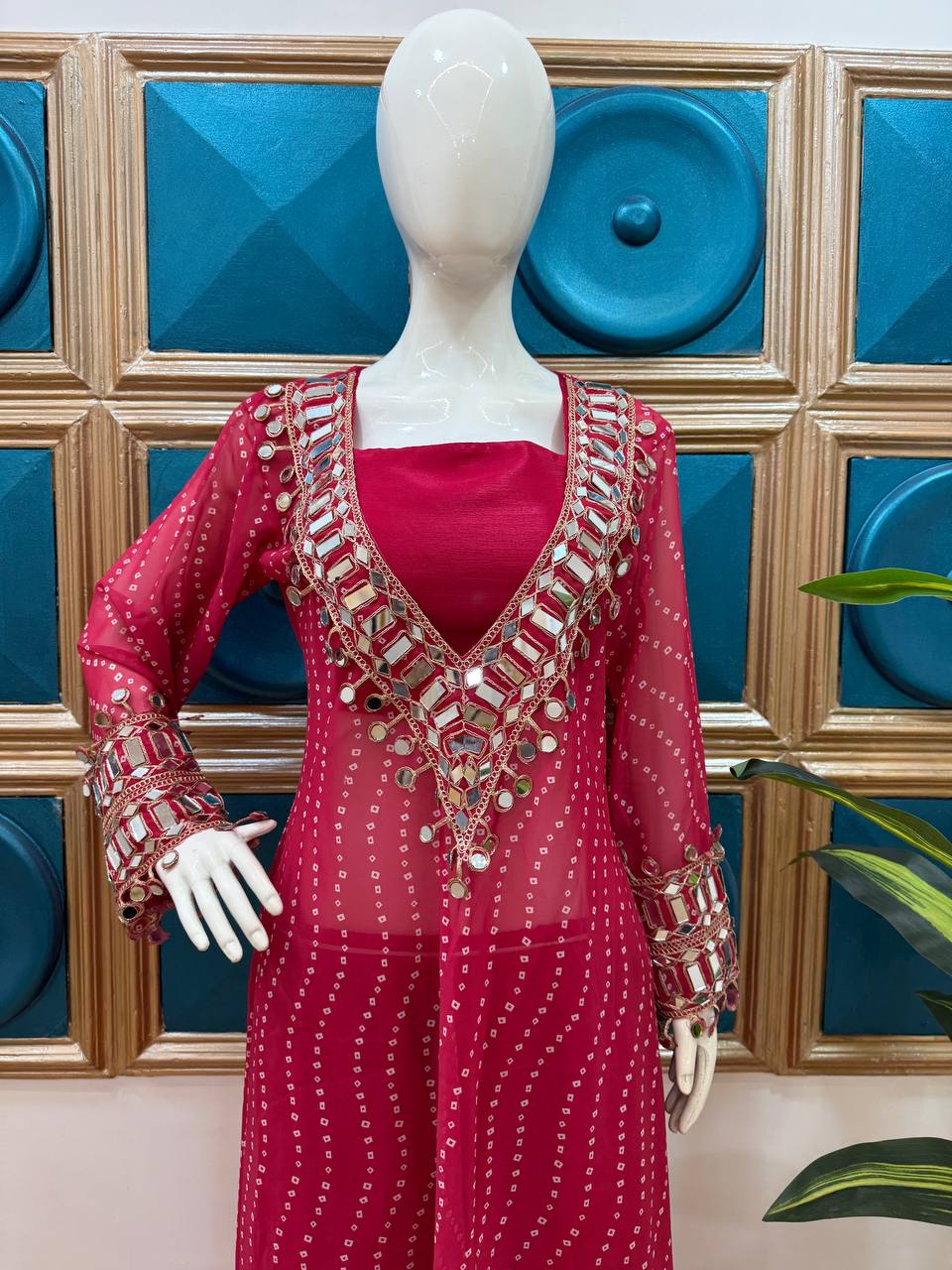 SUPERHIT TRENDING KURTI PENT & BLOUSE ON CHINON FABRIC WITH DIGITAL PRINT AND REAL MIRROR HAND WORK