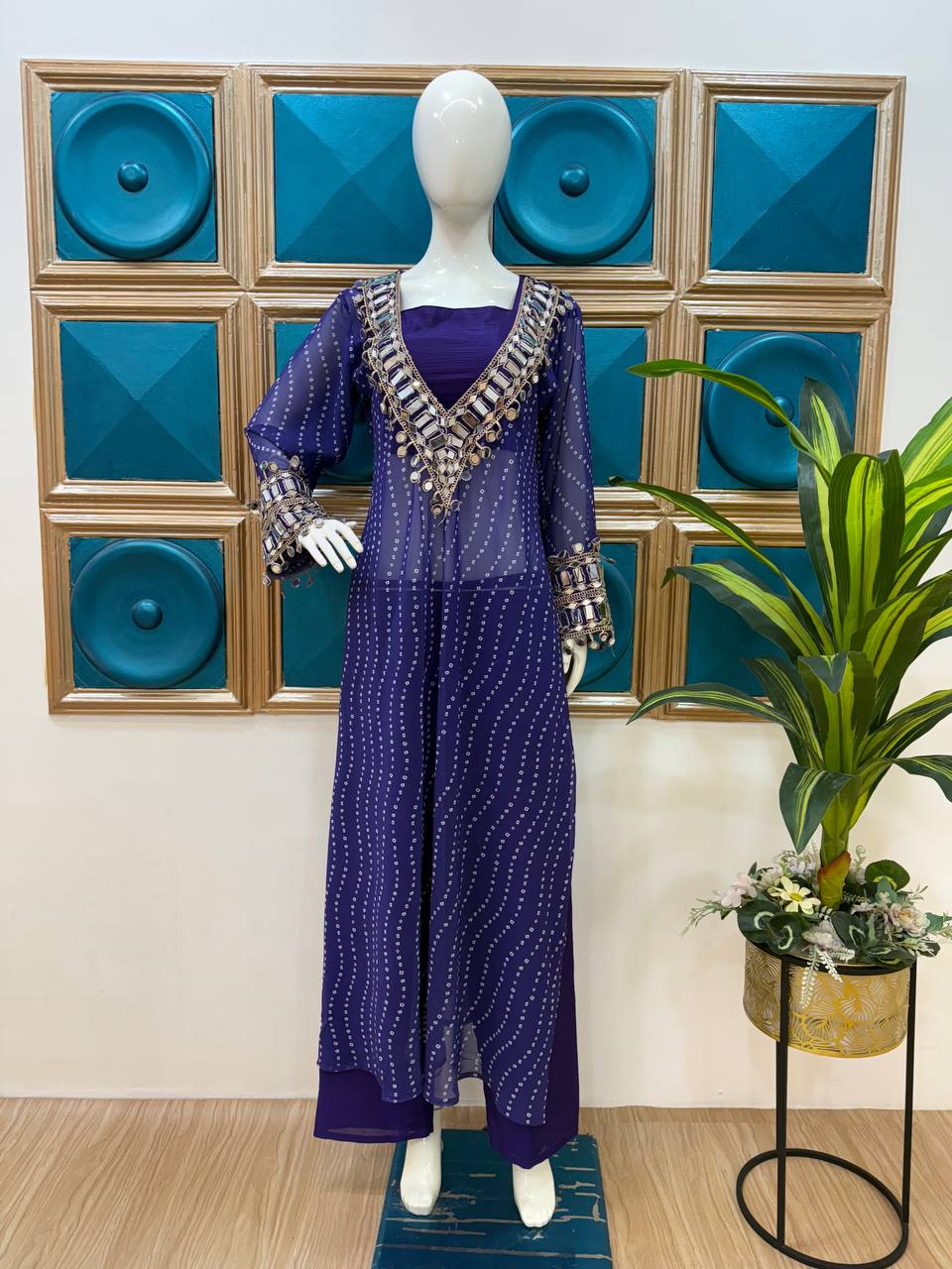 SUPERHIT TRENDING KURTI PENT & BLOUSE ON CHINON FABRIC WITH DIGITAL PRINT AND REAL MIRROR HAND WORK