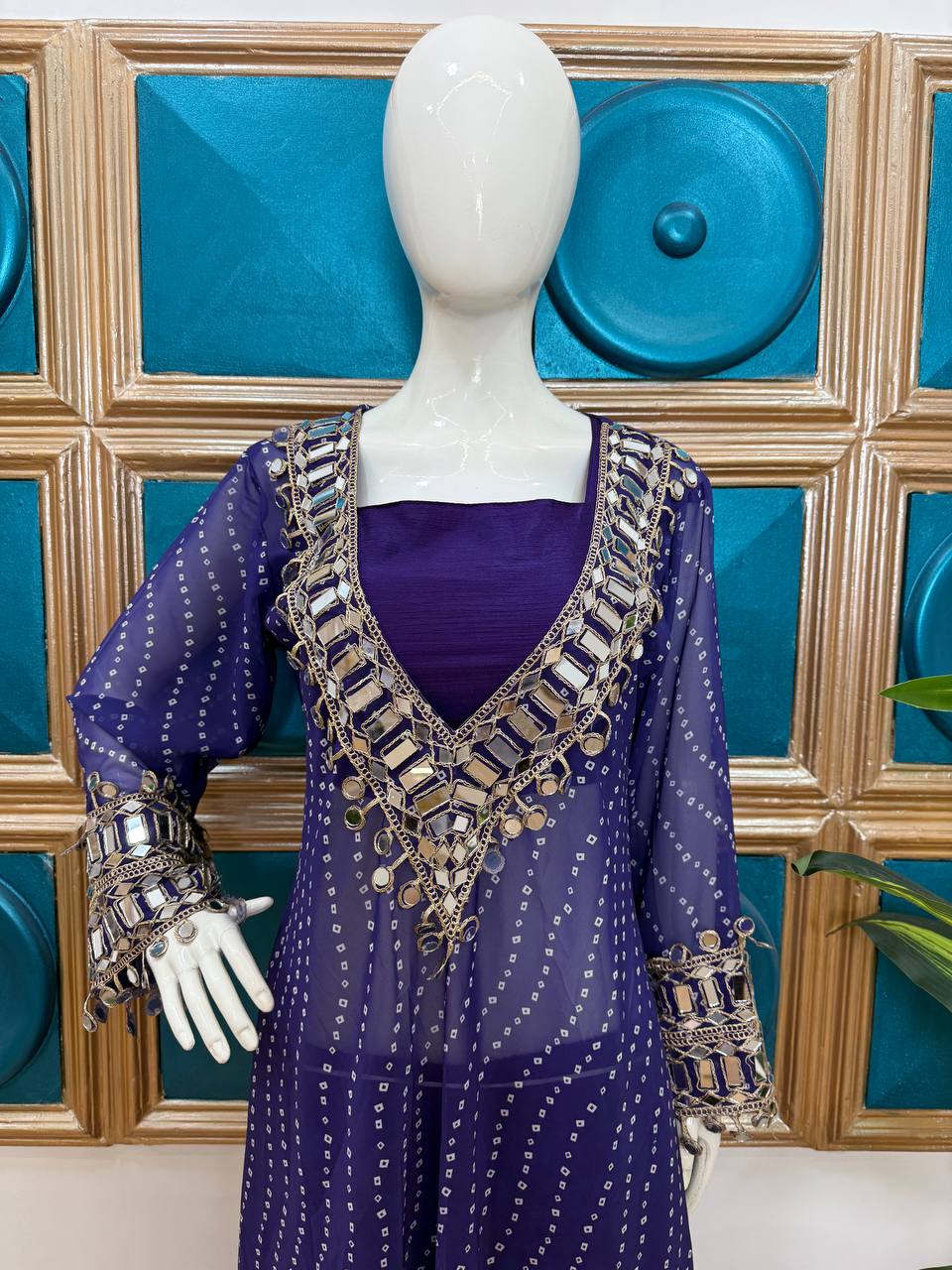 SUPERHIT TRENDING KURTI PENT & BLOUSE ON CHINON FABRIC WITH DIGITAL PRINT AND REAL MIRROR HAND WORK