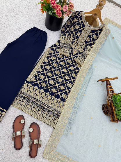 New Designer Party Wear Look Top-Plazzo and Dupatta With Heavy Embroidery Work