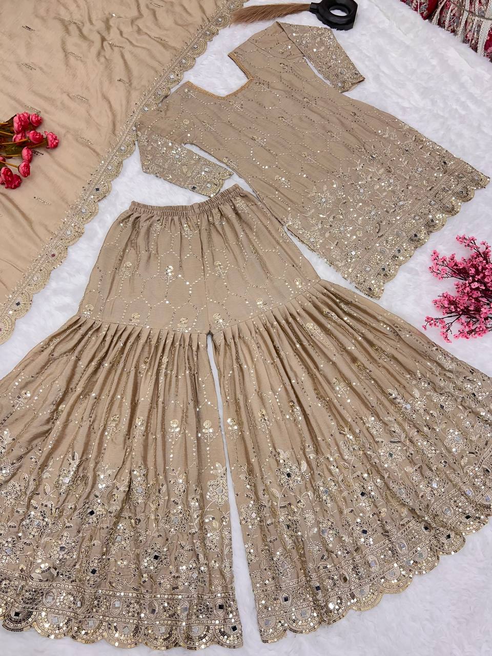 Faux Georgette Top-Bottom And Dupatta Set Fully Stitched Ready To Wear single available wholesale