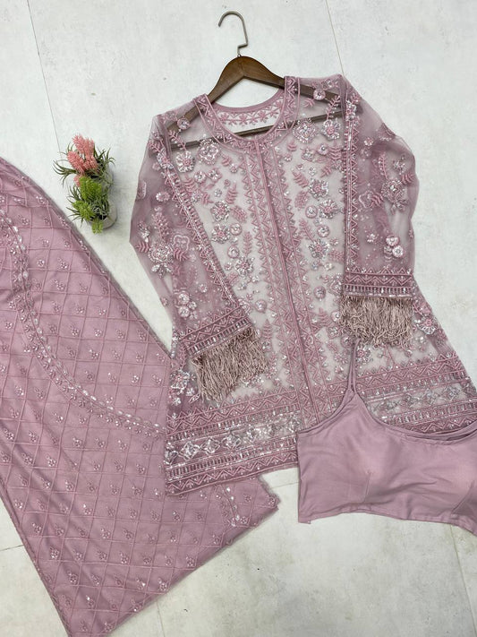 TRENDING TOP AND PLAZZO SET IN BUTTERFLY SEQUENCE EMBROIDERY WORK WITH BLOUSE