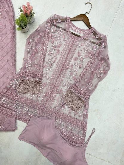 TRENDING TOP AND PLAZZO SET IN BUTTERFLY SEQUENCE EMBROIDERY WORK WITH BLOUSE