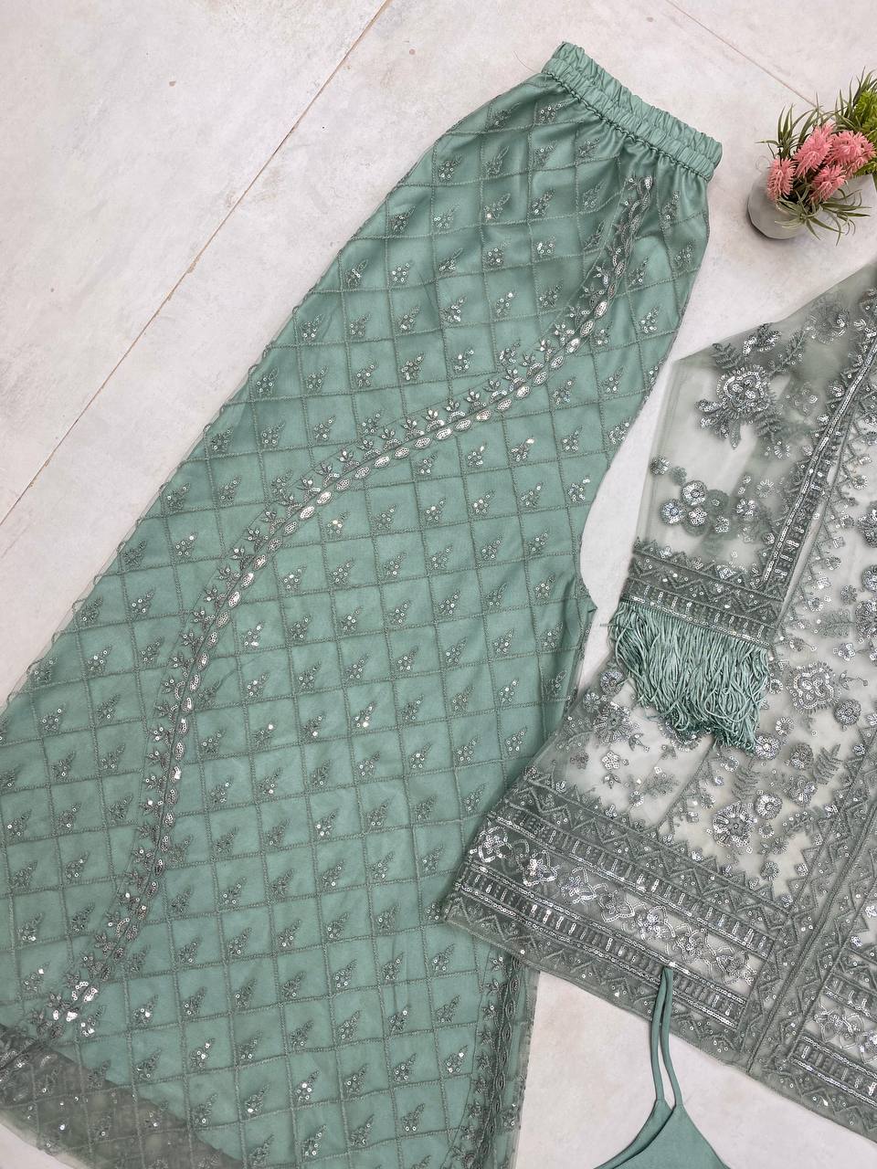 TRENDING TOP AND PLAZZO SET IN BUTTERFLY SEQUENCE EMBROIDERY WORK WITH BLOUSE
