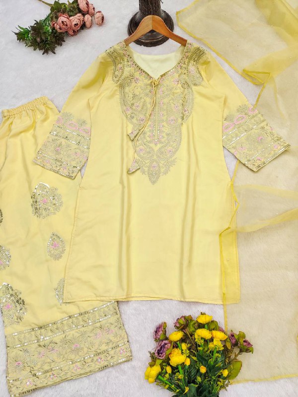 Designer Collection Natural Crep Silk Top-Duppta And Plazzo Set Ready To Wear single available wholesale