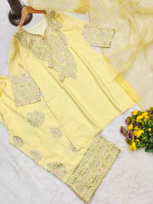 Designer Collection Natural Crep Silk Top-Duppta And Plazzo Set Ready To Wear single available wholesale
