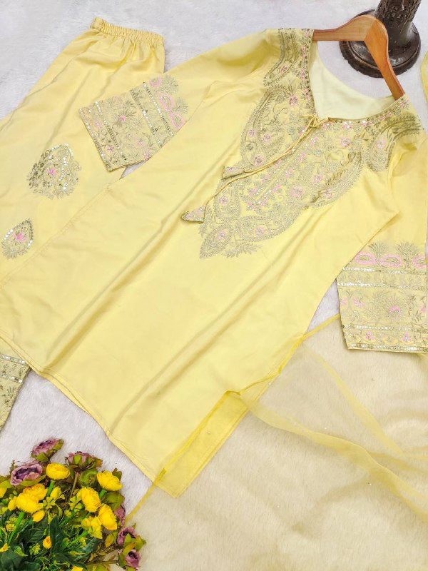 Designer Collection Natural Crep Silk Top-Duppta And Plazzo Set Ready To Wear single available wholesale