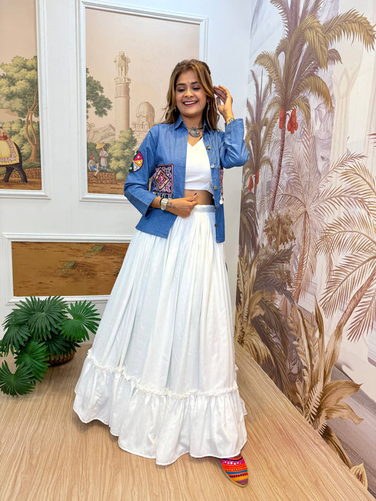 NAVRATRI WITH NEW STYLE, LAUNCHING DENIM KOTI, LEHENGA & BLOUSE WITH EMBROIDERY WORK AND KODI LACE  single available wholesale