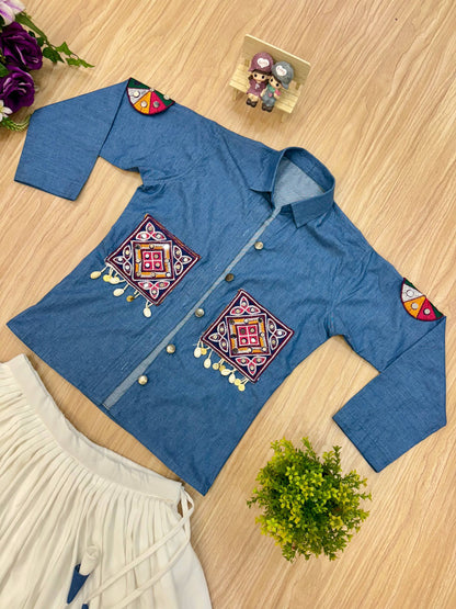 NAVRATRI WITH NEW STYLE, LAUNCHING DENIM KOTI, LEHENGA & BLOUSE WITH EMBROIDERY WORK AND KODI LACE  single available wholesale
