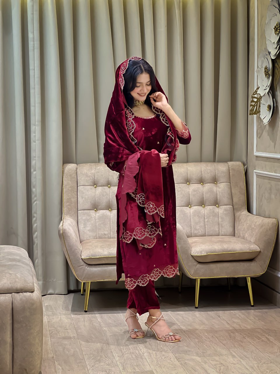 DESIGNER PARTY WEAR LOOK HEAVY PURE VISCOSE VELVET TOP PANT & DUPATTA SET