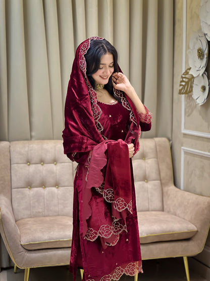 DESIGNER PARTY WEAR LOOK HEAVY PURE VISCOSE VELVET TOP PANT & DUPATTA SET